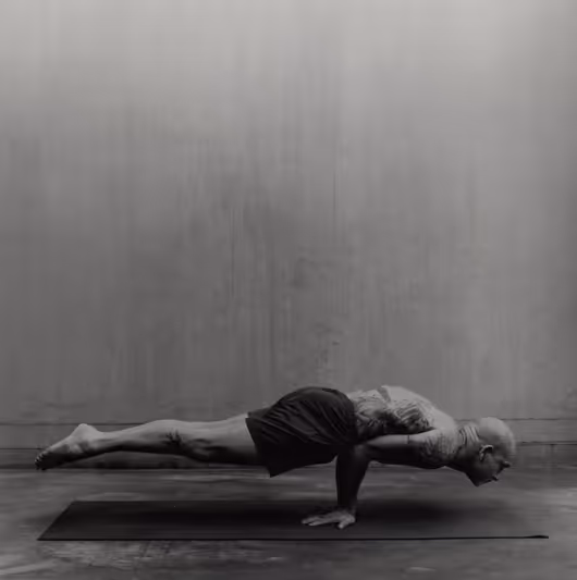 A practitioner in an arm balance during Mysore practice